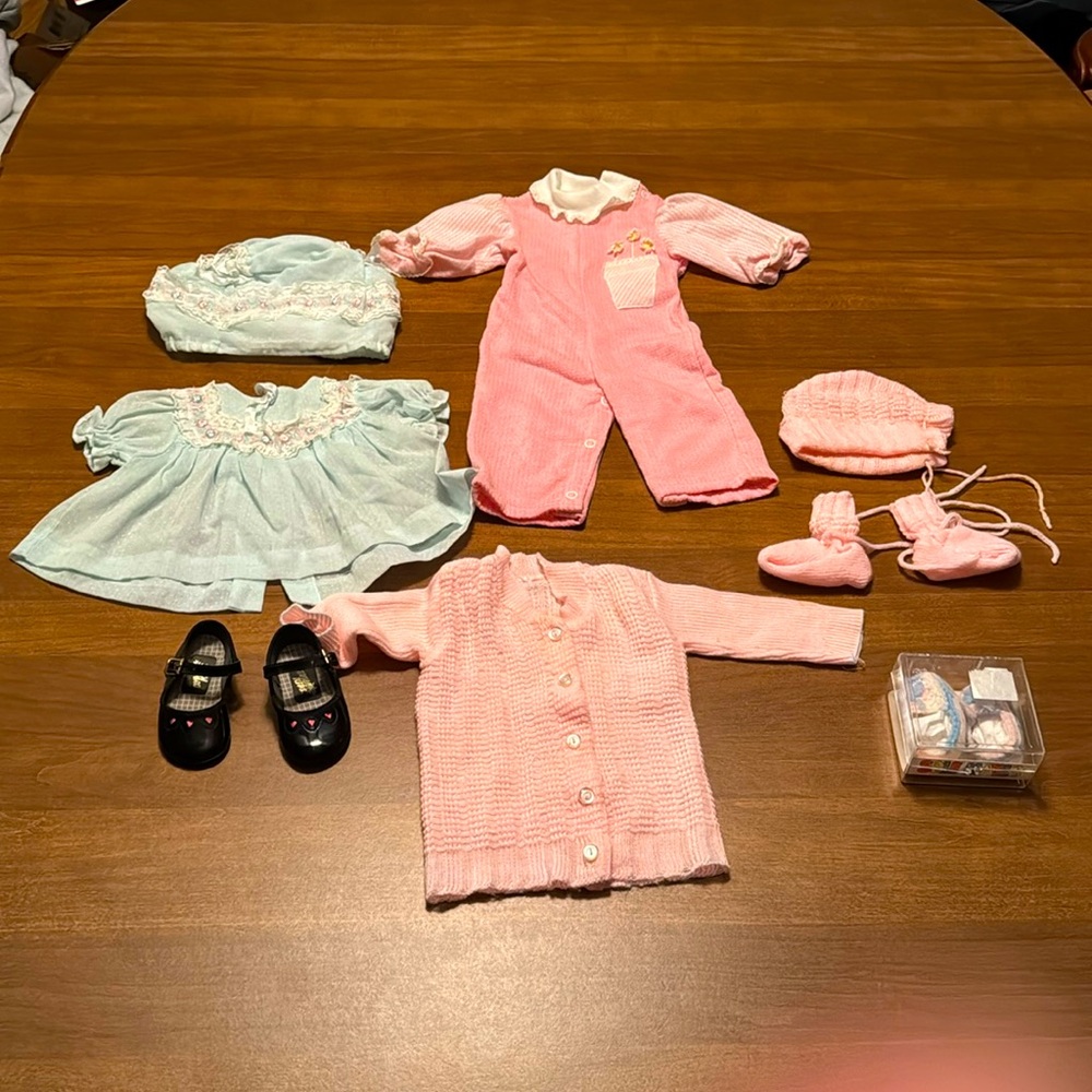 True vintage lot of baby clothes shoes hats baby pastel pink blue knit booties